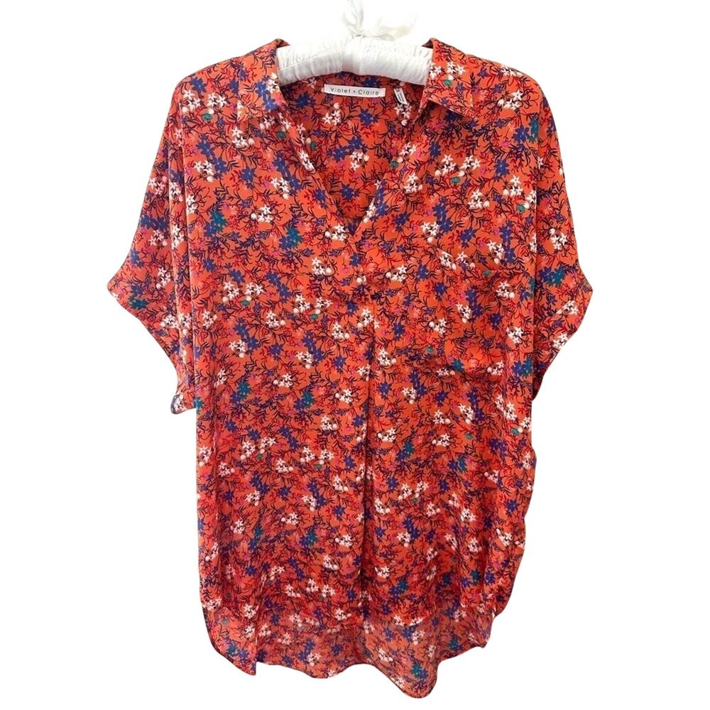 VIOLET + CLAIRE Orange Floral Blouse Lightweight Oversized Top Tropical Medium
